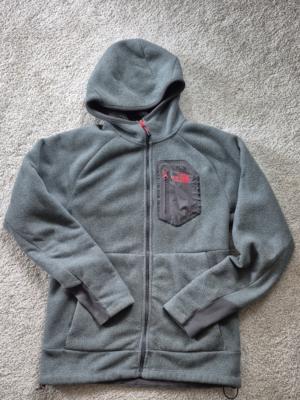The North Face Men's Gray Hooded Fleece Jacket with Red Accent